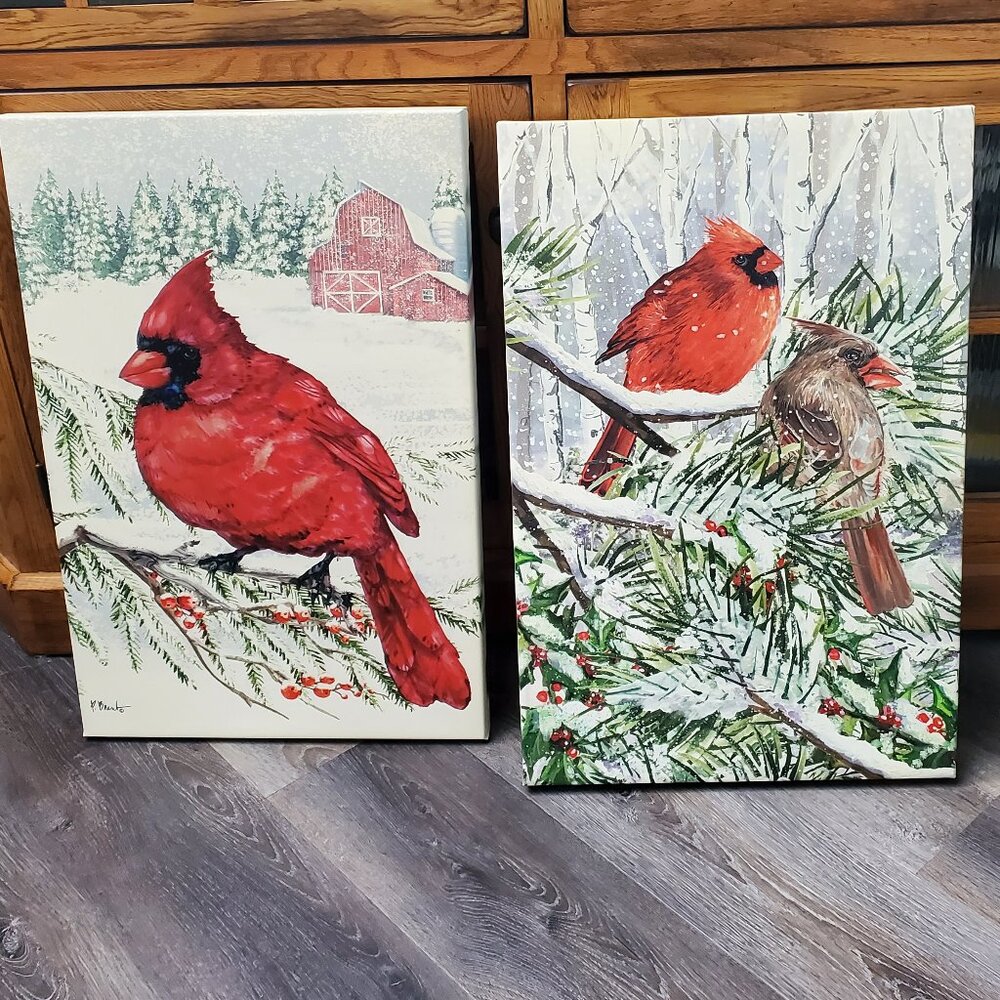 2 Winter Cardinal Canvas Art Prints 16 X 24